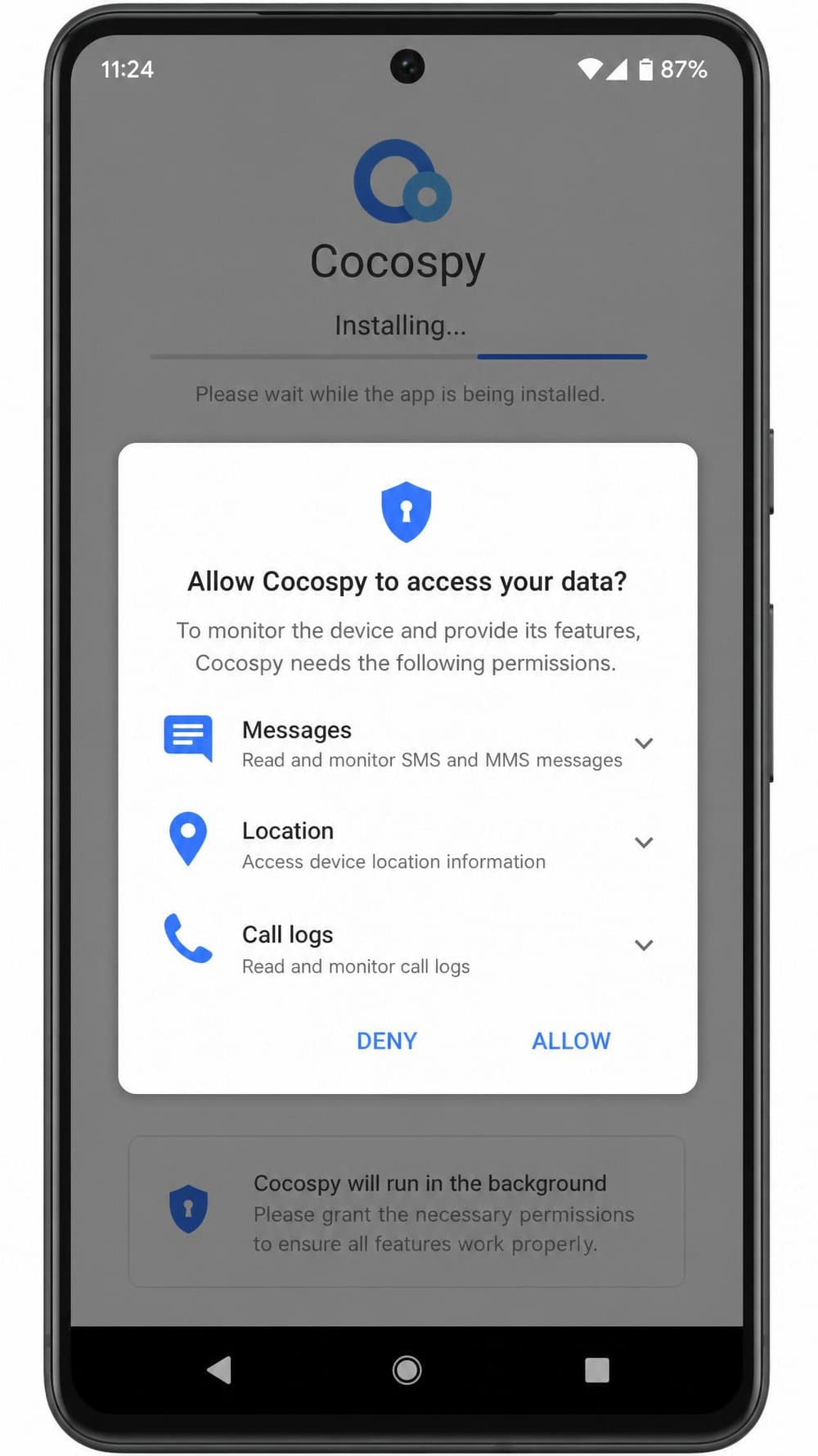 Android phone screen during Cocospy installation showing the app's permission request dialog for accessing messages, location, and call logs.