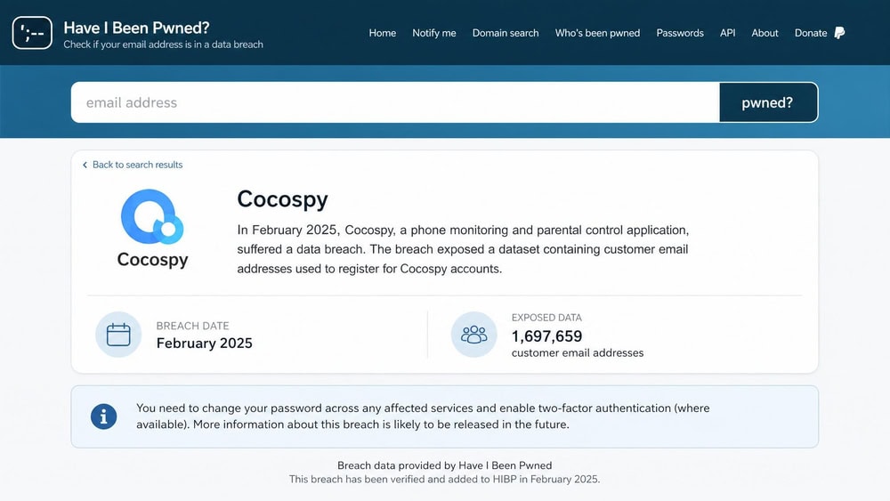 Have I Been Pwned breach entry page for Cocospy showing the February 2025 breach date and the count of exposed customer email addresses.