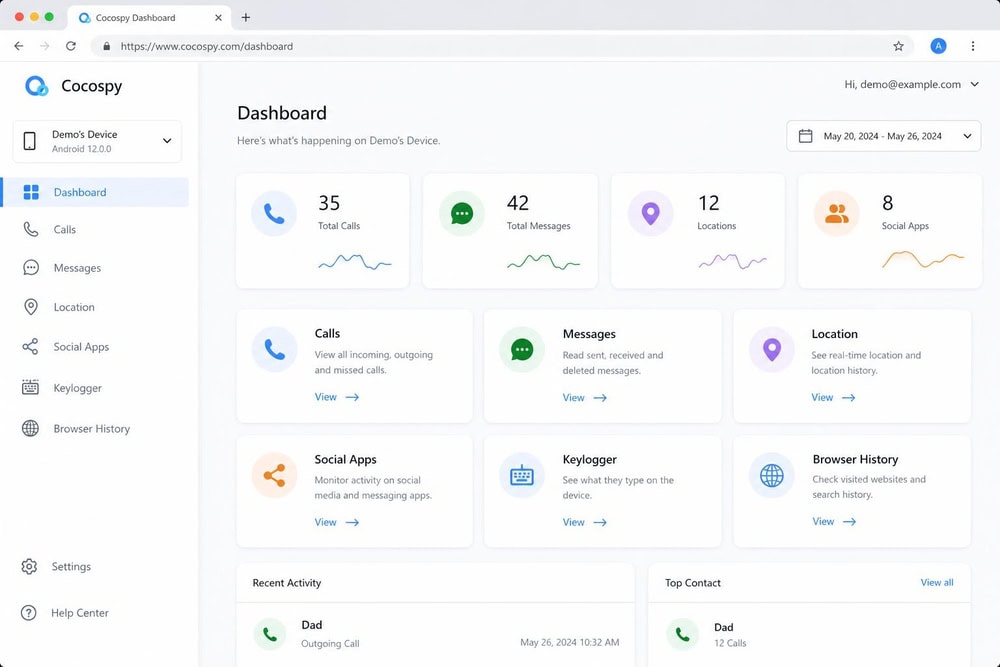 Cocospy dashboard home screen on a desktop browser showing feature tiles for calls, messages, location, social apps, keylogger, and browser history along the left sidebar.