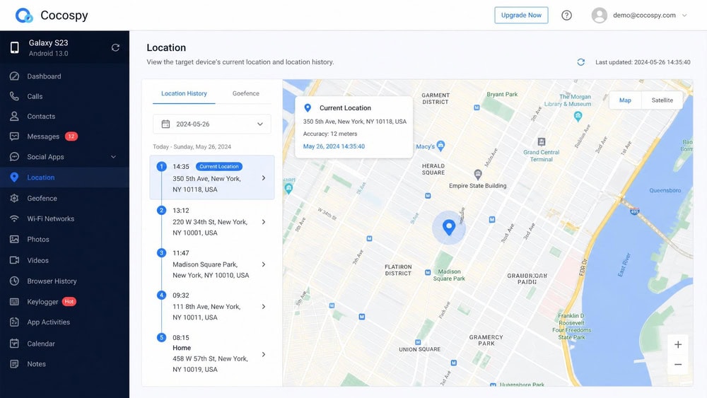 Cocospy location feature showing a target phone's current GPS position and recent location history pinned on an embedded map inside the web dashboard.
