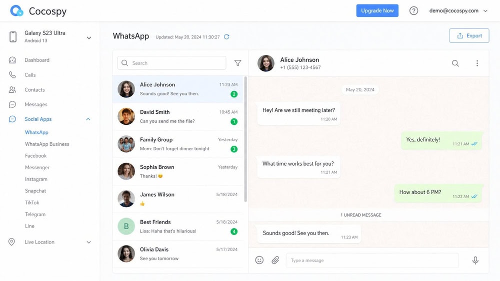 Cocospy social media monitoring panel displaying a target device's WhatsApp conversation list and message previews inside the web dashboard.