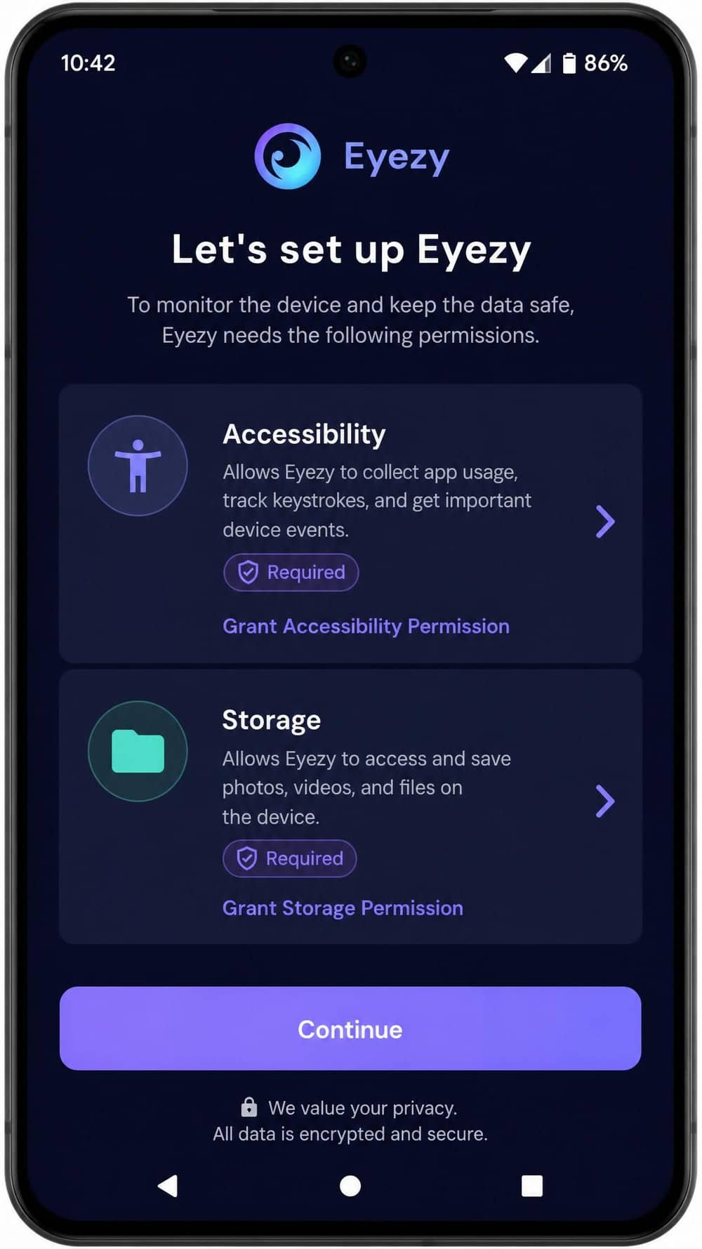The Eyezy Android companion app setup screen requesting accessibility and storage permissions on a phone running Android 13.