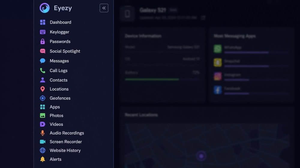 Close-up of the Eyezy dashboard's left-hand navigation menu listing each monitoring feature as a separate labeled item.