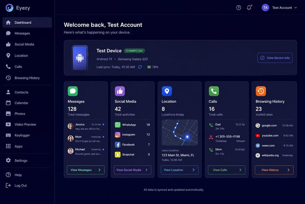 The Eyezy web dashboard home screen showing navigation tiles for messages, social media, location, calls, and browsing history for a connected test device.