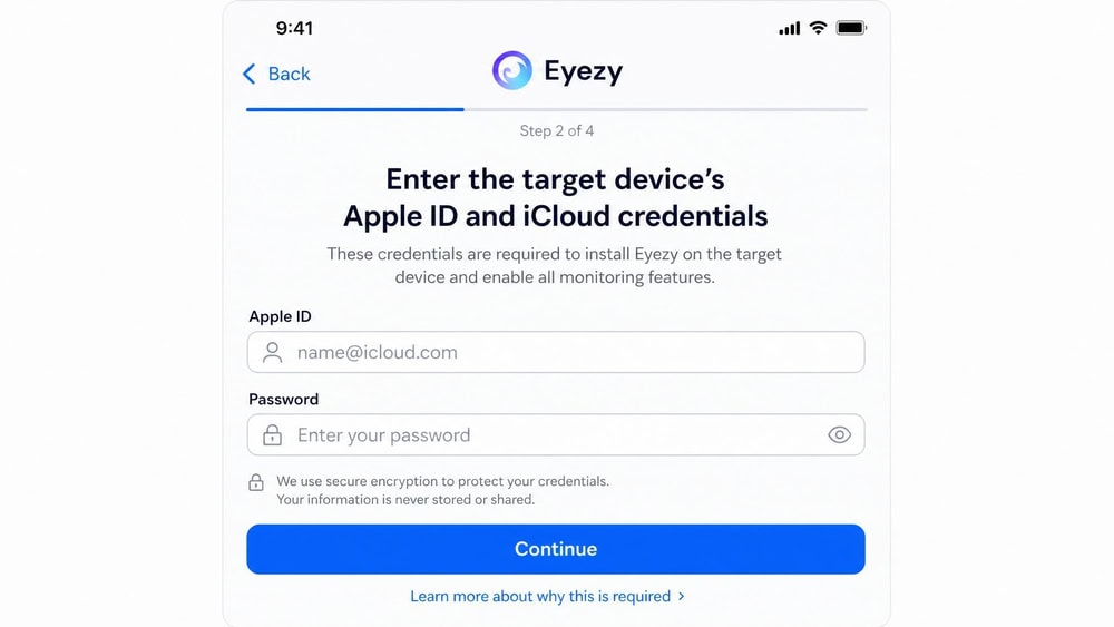The Eyezy iOS setup screen prompting for the target device's Apple ID and iCloud credentials during installation.