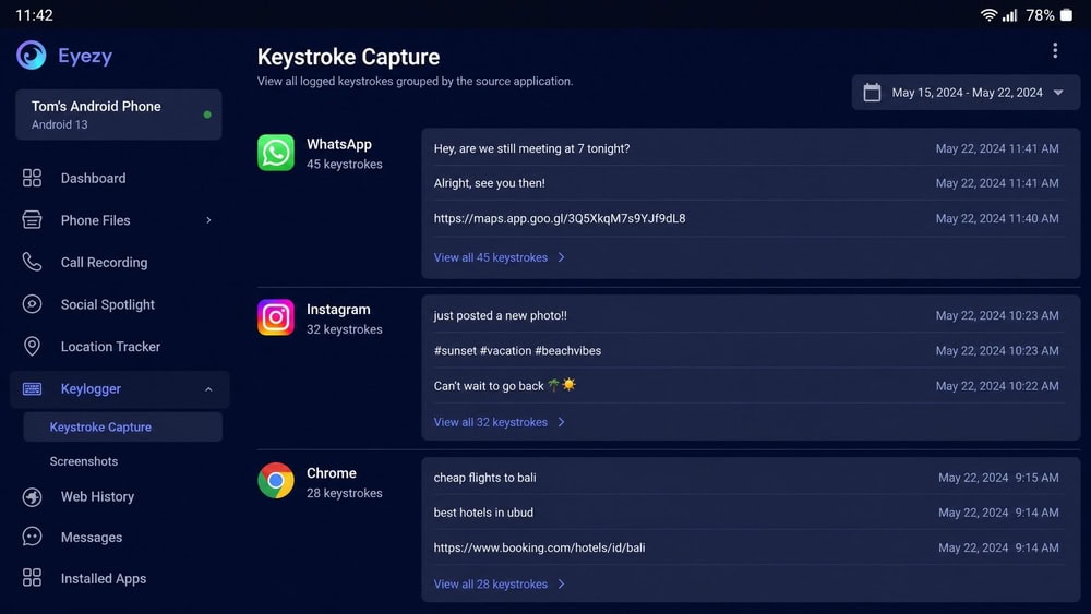 The Eyezy Keystroke Capture screen listing logged keystrokes grouped by source application on a monitored Android phone.