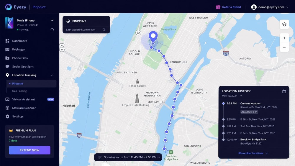 The Eyezy Pinpoint map view showing a monitored device's current location pin and recent location history trail across a city.