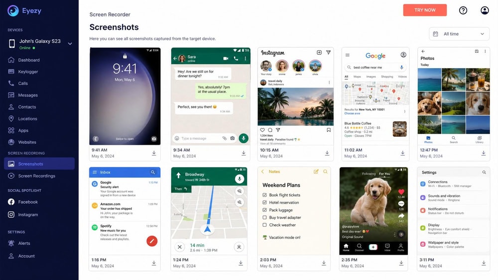 The Eyezy Screen Recorder gallery showing a grid of timestamped screenshots captured from a monitored phone's screen.