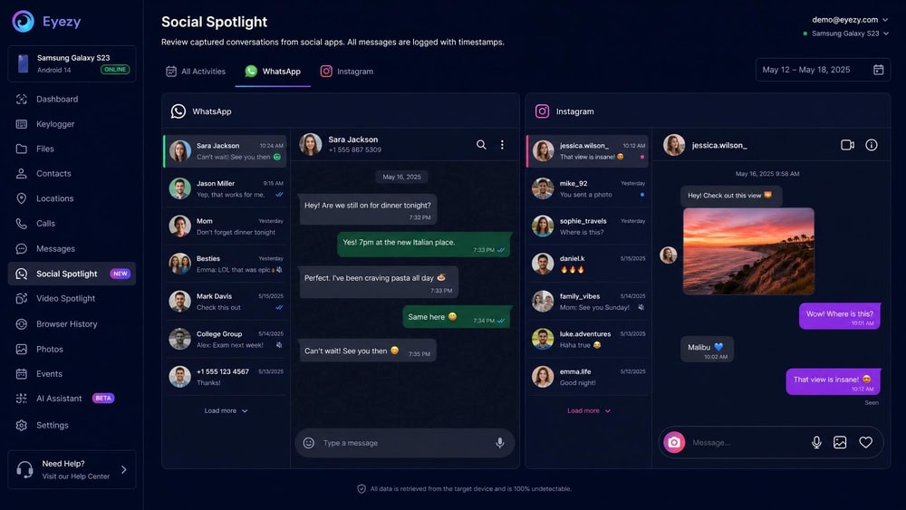 The Eyezy Social Spotlight panel displaying captured WhatsApp and Instagram message threads with timestamps for a monitored account.