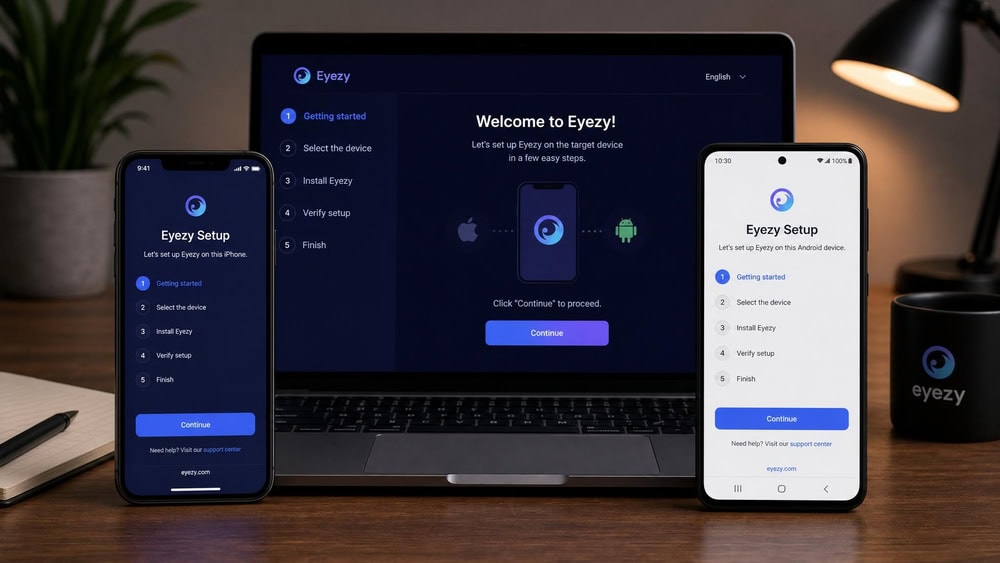An iPhone running iOS 16 and an Android 13 phone placed side by side on a desk during Eyezy setup, with the Eyezy installation wizard open on the laptop behind them.