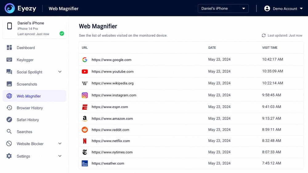The Eyezy Web Magnifier screen listing a monitored device's visited website URLs with dates and visit times.