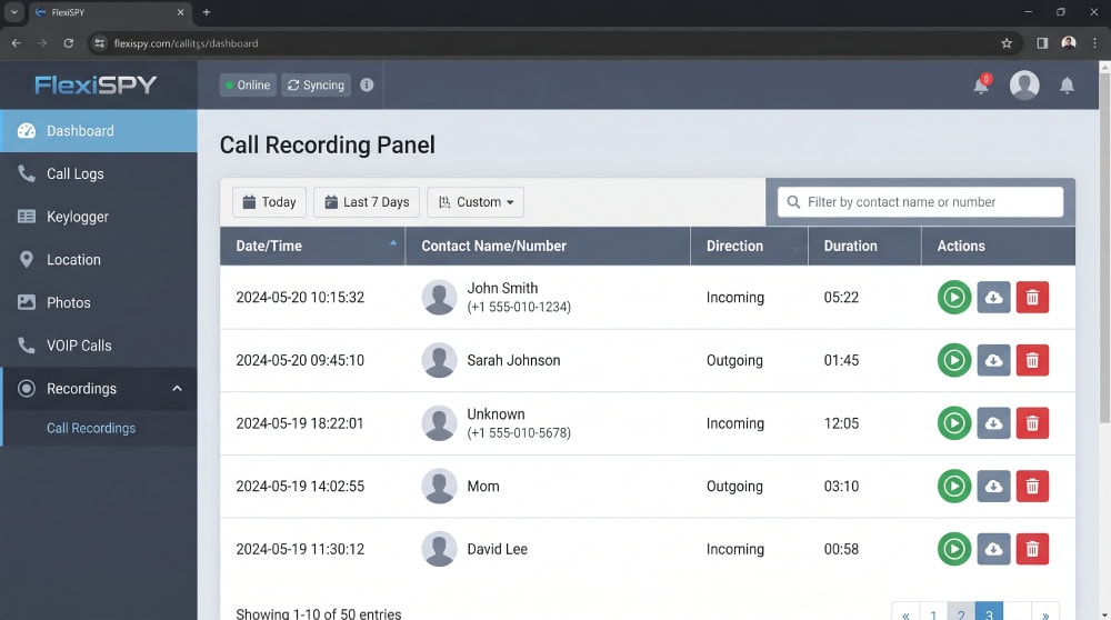 FlexiSPY dashboard call-recording panel listing recorded phone calls with timestamps, contact names, durations, and audio playback buttons.
