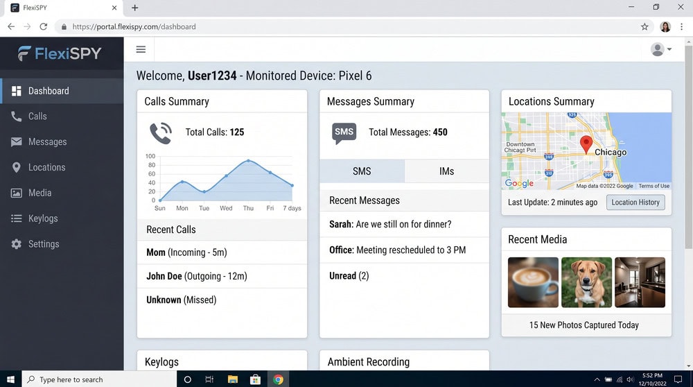 FlexiSPY online dashboard home screen in a desktop browser showing summary tiles for calls, messages, locations, and recent media from a monitored device.