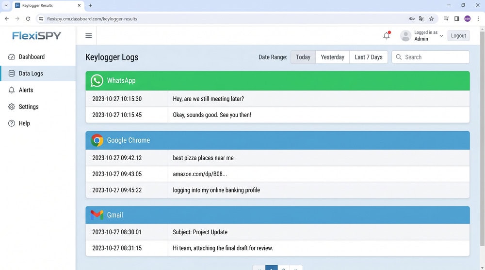 FlexiSPY keylogger results page showing a chronological feed of captured keystrokes grouped by the app where they were typed.