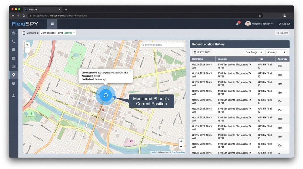 FlexiSPY location-tracking screen displaying a monitored phone's current GPS position on a street map alongside a list of recent location history points.
