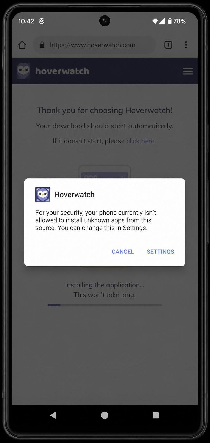 Android phone screen mid-installation of the Hoverwatch client, showing the unknown-sources confirmation dialog before the download completes.