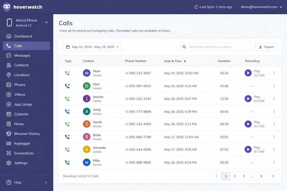 Hoverwatch dashboard call log showing incoming and outgoing calls with contact names, timestamps, and durations, plus a play button on a recorded call.
