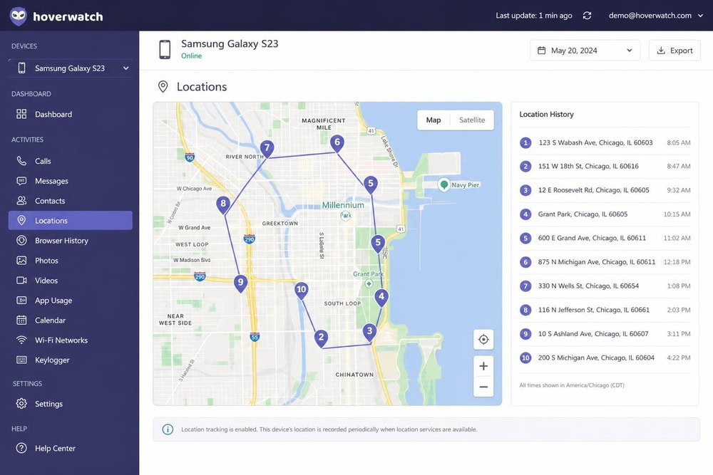 Hoverwatch dashboard map view plotting a monitored Android phone's location history as pins across a city with timestamps in a side list.