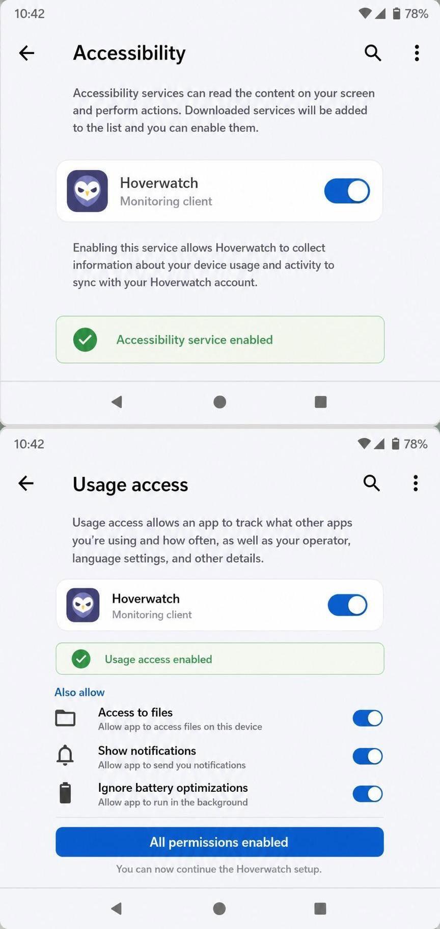 Android Settings screen during Hoverwatch setup showing accessibility and app-permission toggles being enabled for the monitoring client.
