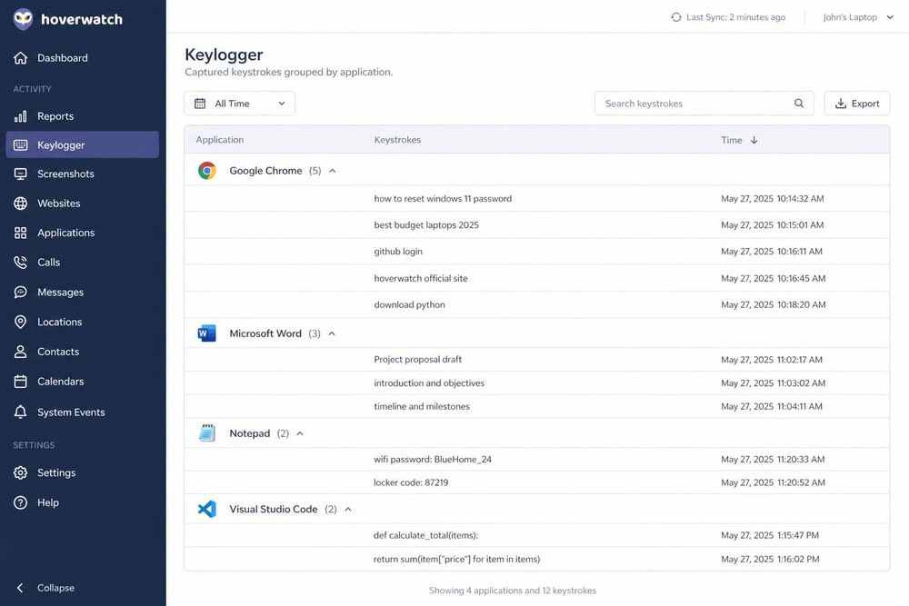 Hoverwatch dashboard keylogger view listing captured keystrokes grouped by the app they were typed in, with timestamps for each entry.