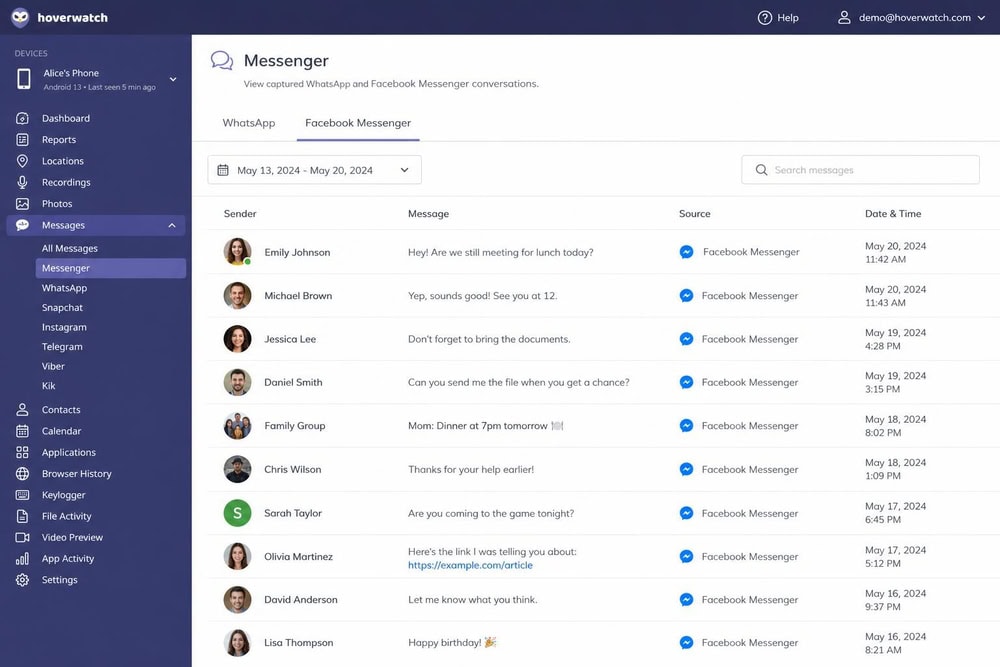 Hoverwatch dashboard messenger section listing captured WhatsApp and Facebook Messenger conversations with sender names and message previews.