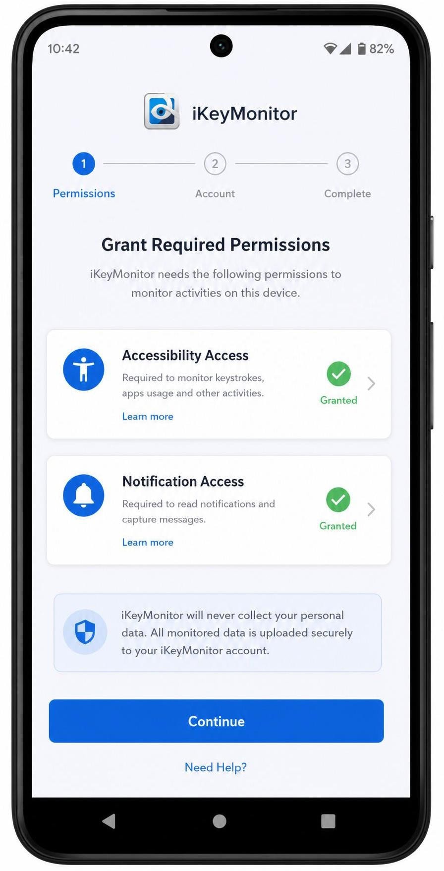 Android phone screen during iKeyMonitor setup showing the permissions prompt where accessibility and notification access are granted to the monitoring app.