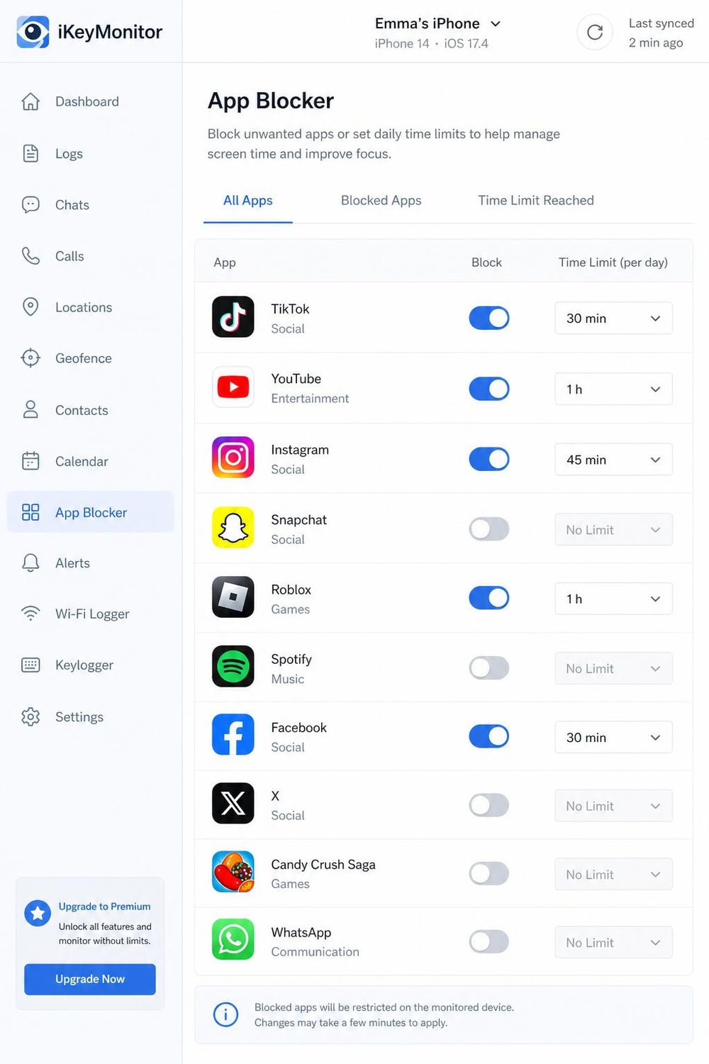 iKeyMonitor app-blocking screen showing a list of installed apps on a monitored phone with toggle switches to block individual apps and set basic time limits.