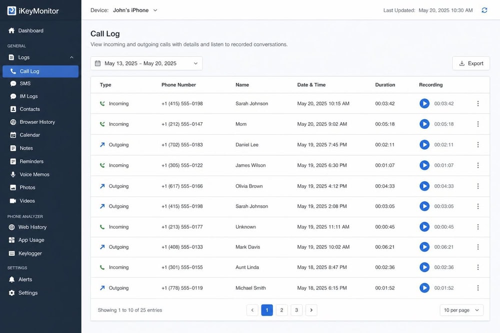iKeyMonitor call log showing incoming and outgoing calls with phone numbers, timestamps, and durations, each row with a play button for the recorded audio.