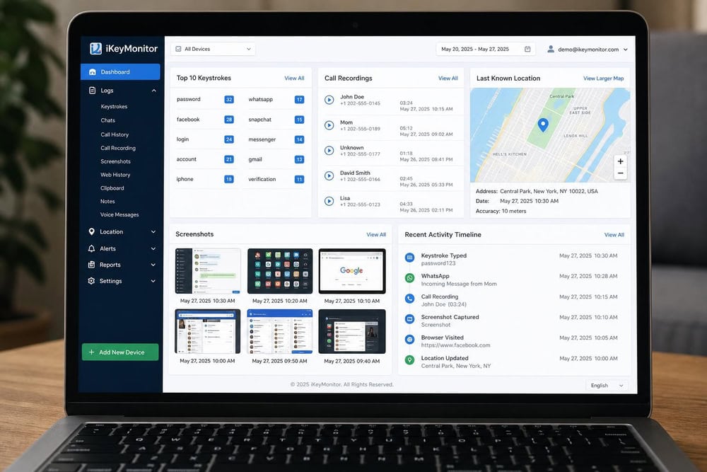 Full iKeyMonitor web dashboard on a laptop showing multiple data panels at once: keystrokes, call recordings, GPS map, and screenshot timeline tiled together.