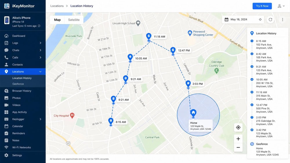 iKeyMonitor map view plotting a monitored phone's location history as timestamped pins, with a circular geofence drawn around a home address.
