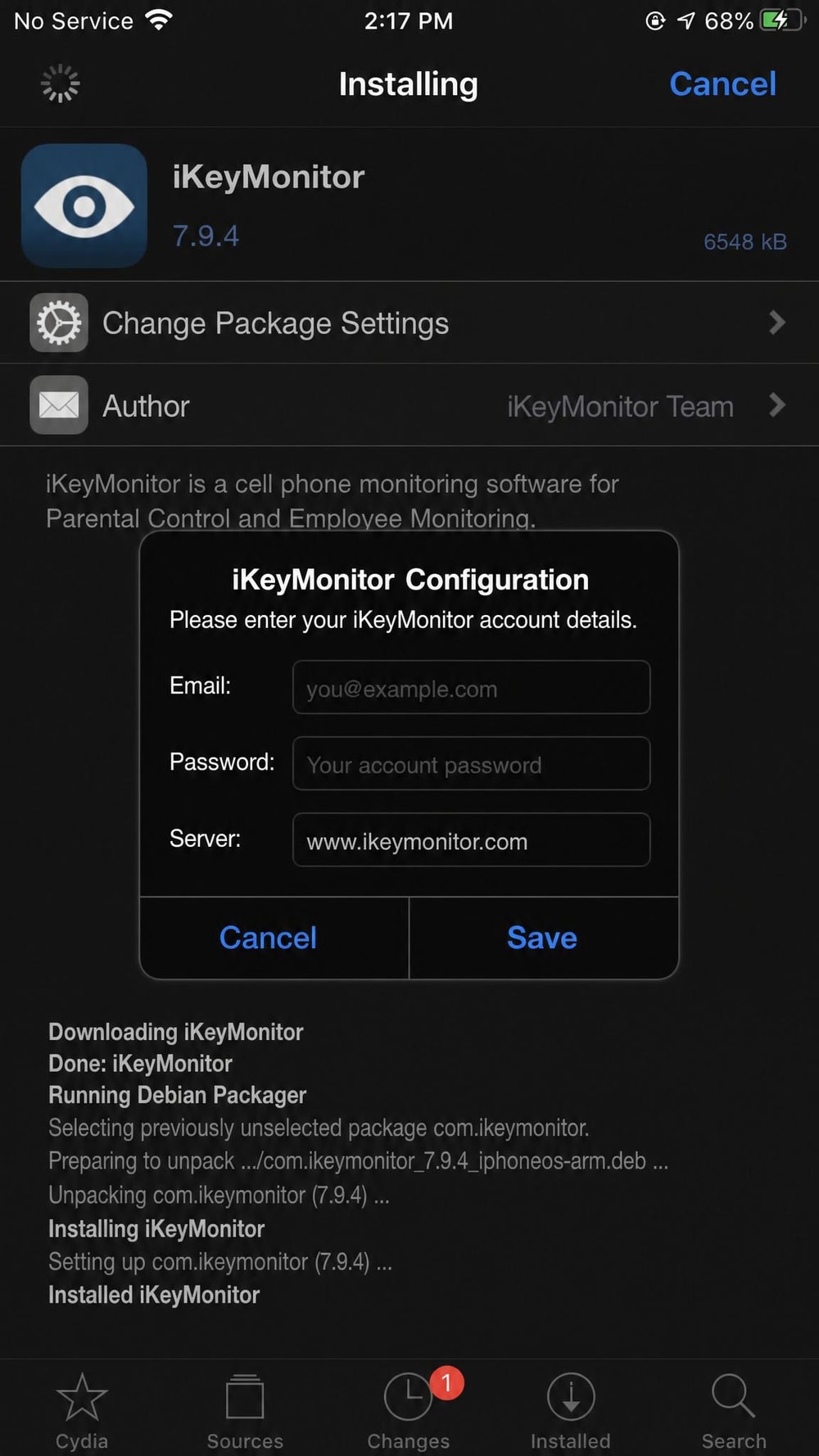 Jailbroken iPhone screen showing iKeyMonitor being installed through a jailbreak package manager, with the app's configuration prompt visible.