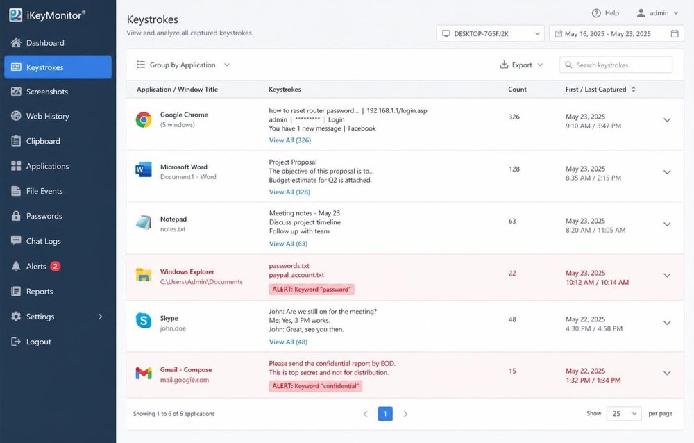 iKeyMonitor keylogger panel listing captured keystrokes grouped by app, with two entries flagged red where preset alert keywords were triggered.