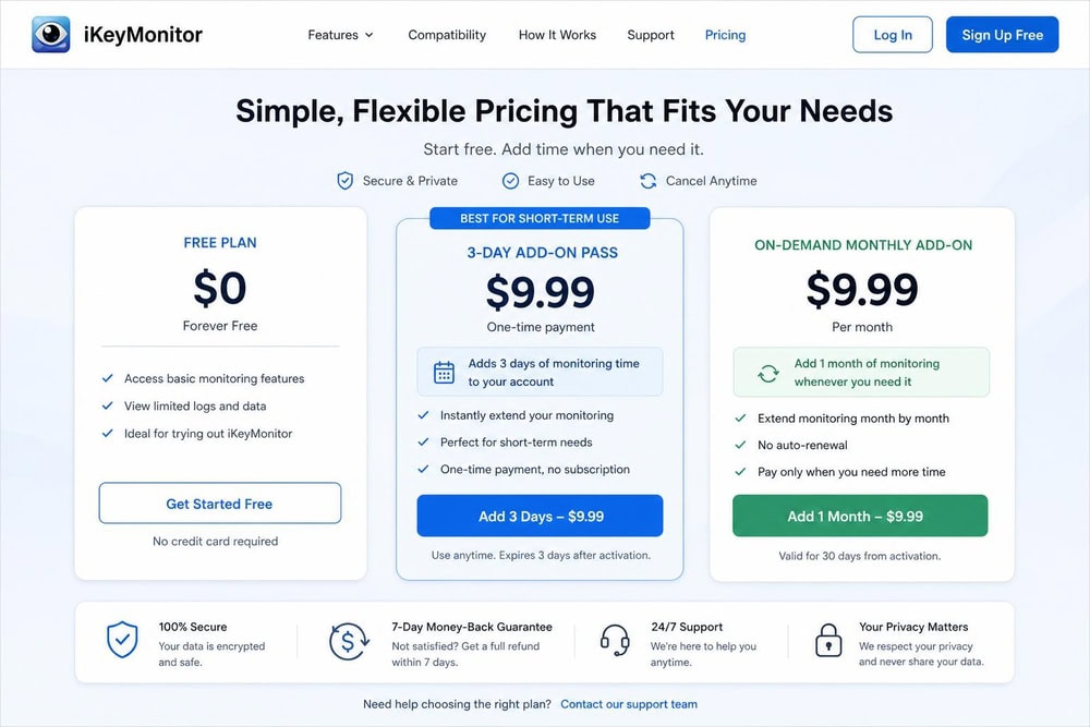 iKeyMonitor purchase page showing the free plan alongside the $9.99 three-day add-on pass and the on-demand monthly add-on pricing.