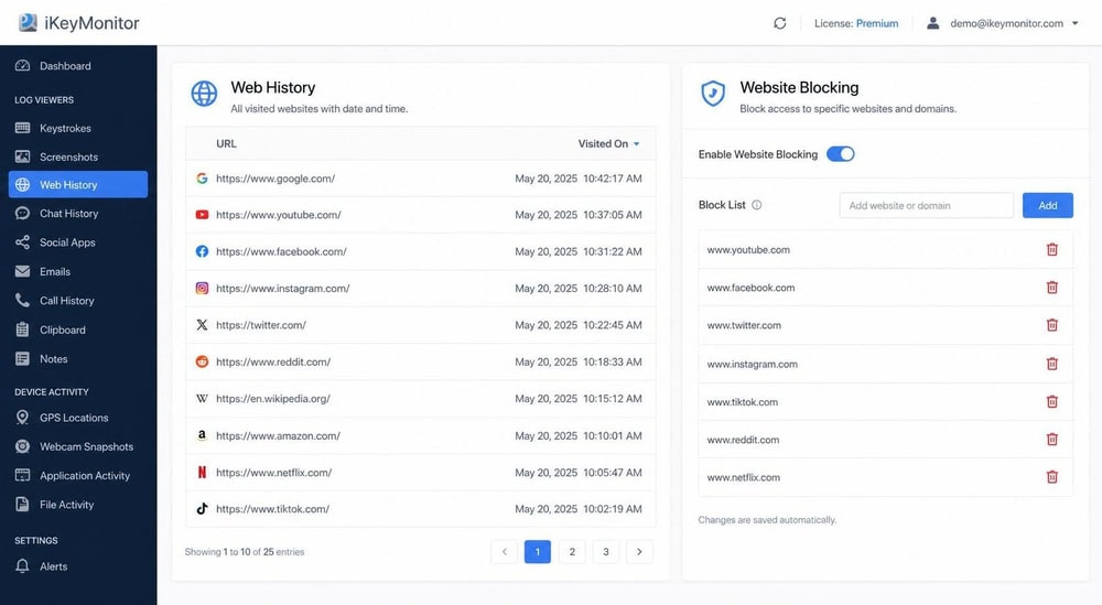 iKeyMonitor web history panel listing visited URLs with timestamps next to a website-blocking field where specific domains have been added to a block list.