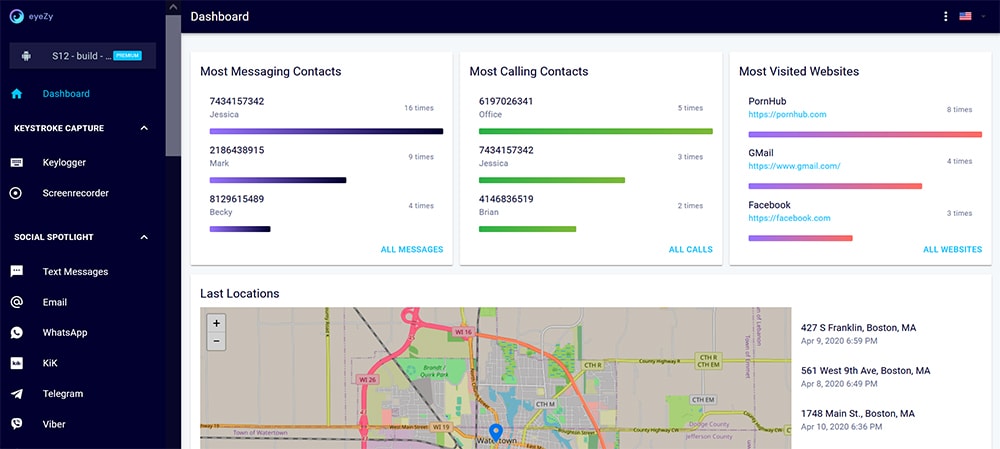 eyeZy control panel and web dashboard