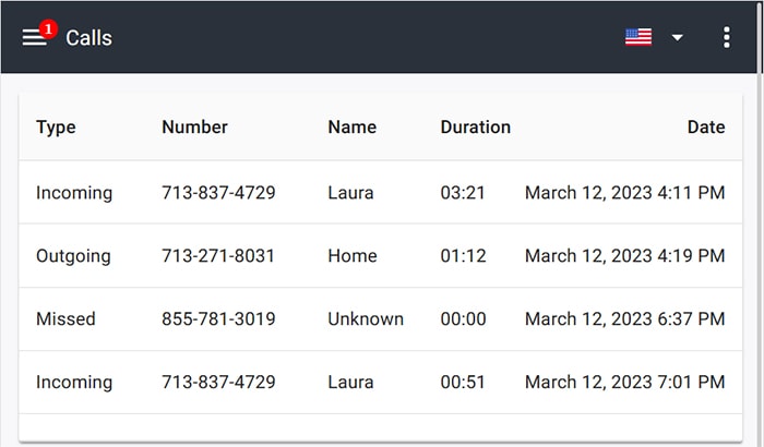 mSpy call logs showing incoming, outgoing, and missed calls as well as duration