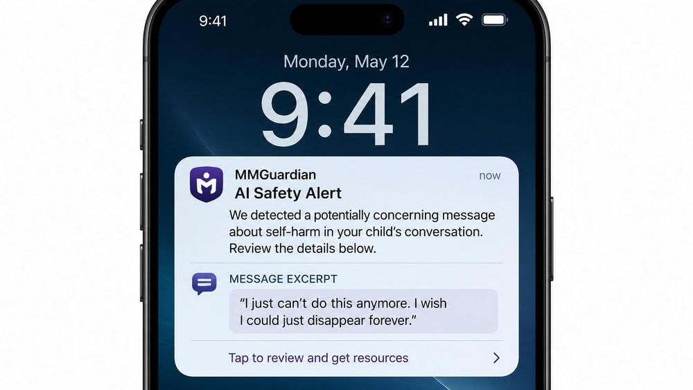 MMGuardian AI Safety Alert notification on the parent phone flagging a concerning message about self-harm with the original text excerpt shown.