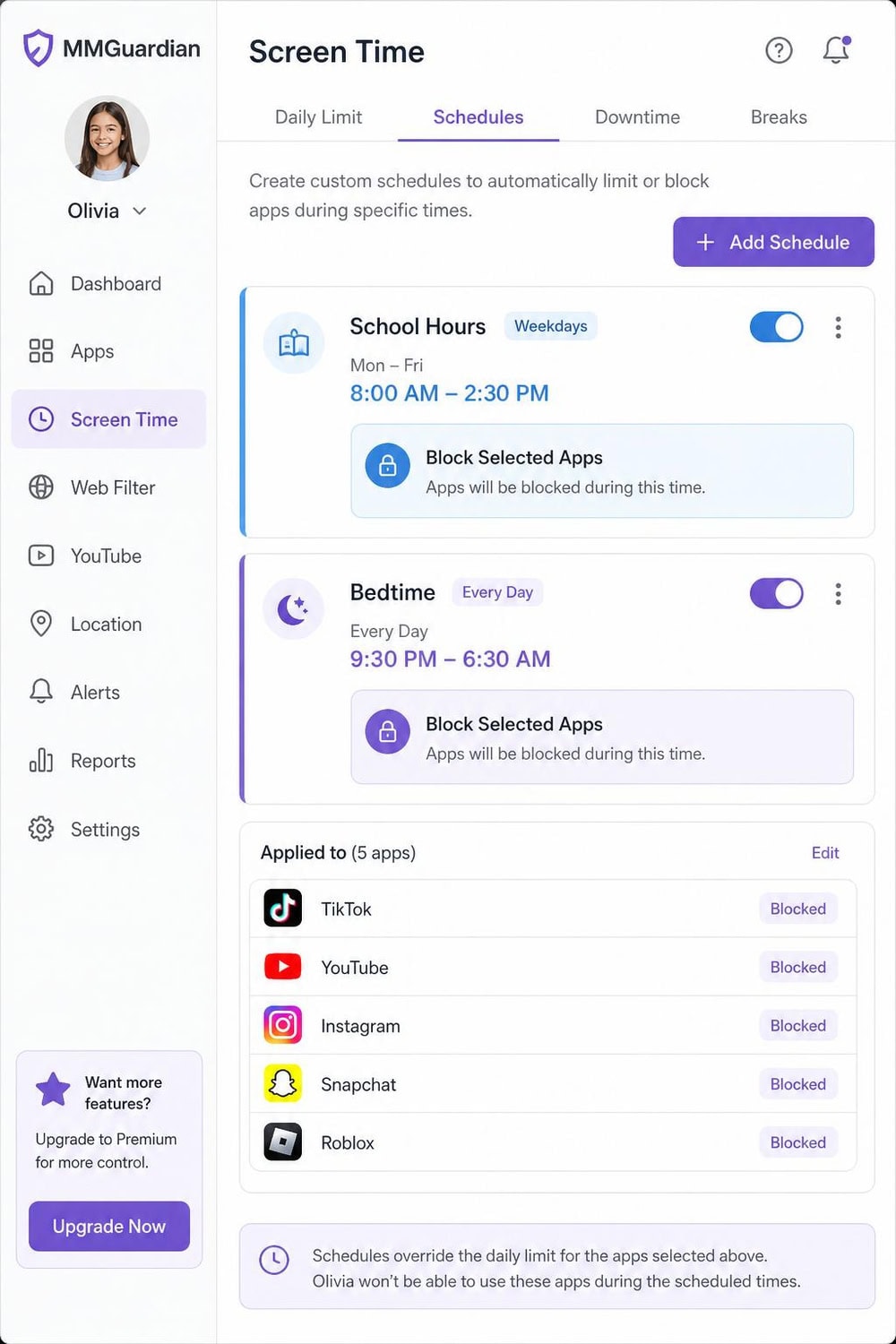 MMGuardian screen-time scheduling interface on the parent app showing a school-hours block and a bedtime block applied to selected apps.