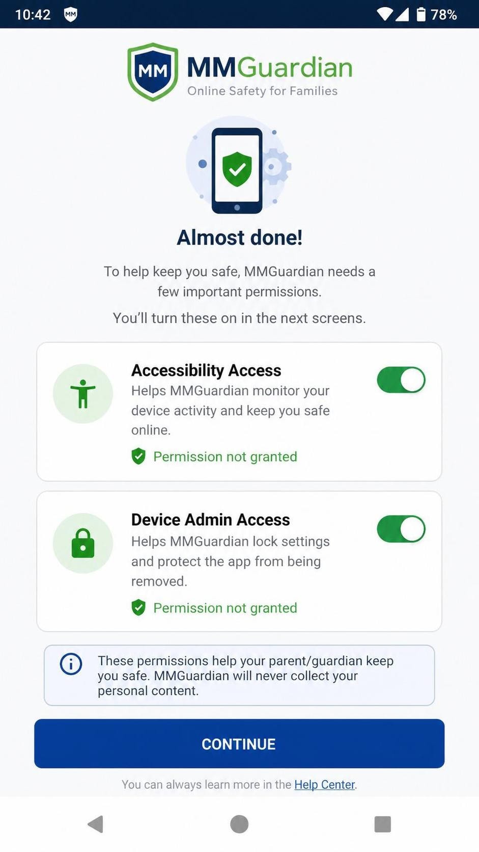 MMGuardian child app on Android requesting accessibility and device admin permissions during setup, with the permission toggles shown.