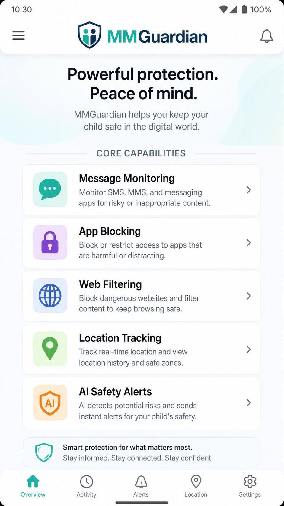 MMGuardian app feature overview screen on Android listing message monitoring, app blocking, web filtering, location tracking, and AI safety alerts as the core capabilities.