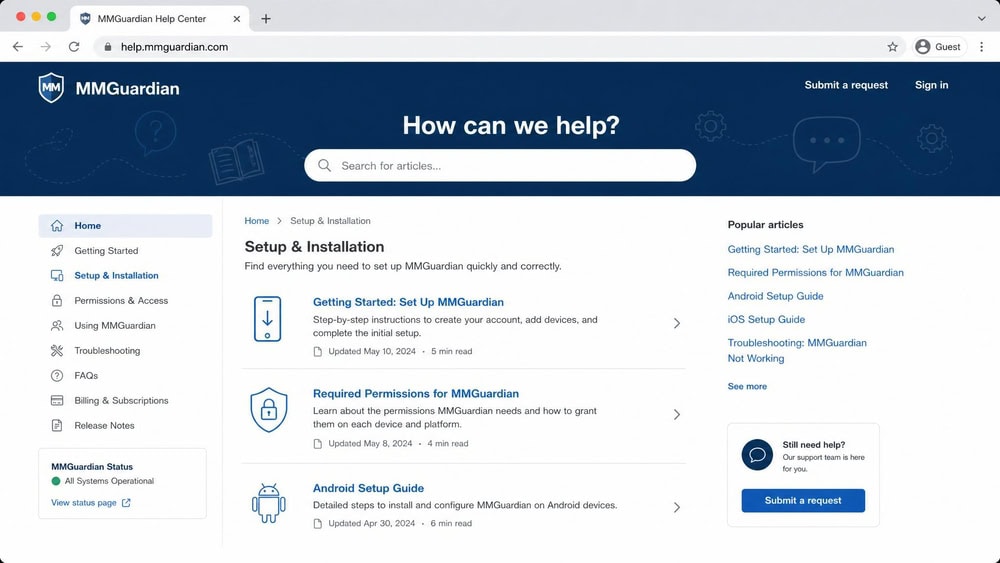 MMGuardian online help center and FAQ library open in a browser showing setup and permission troubleshooting articles.