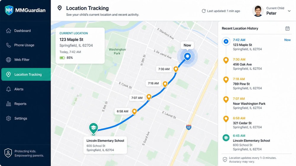 MMGuardian location tracking screen showing a child's current position on a map with recent location history pins along a route to school.