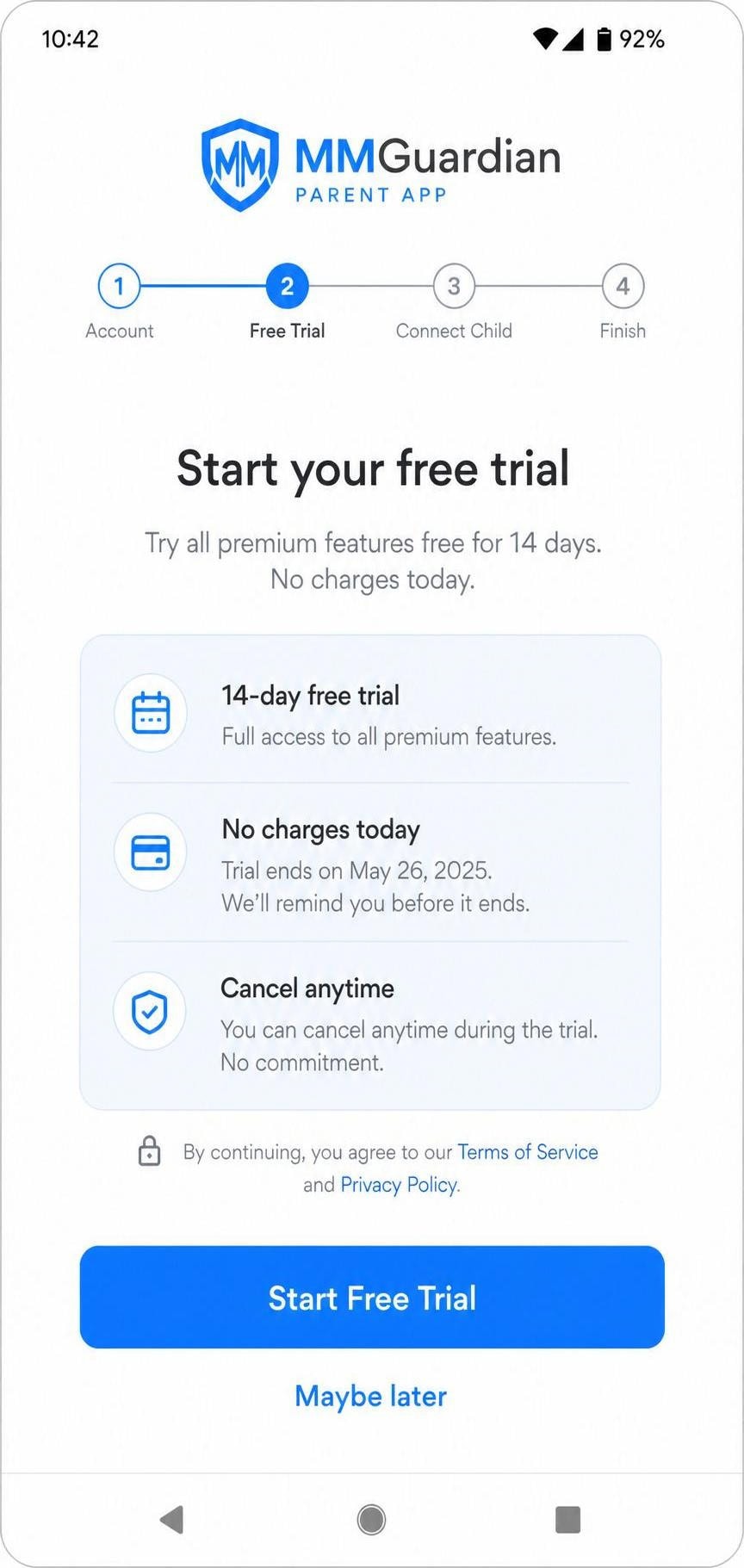 MMGuardian parent app account-creation screen during setup on an Android phone, showing the free-trial start step.