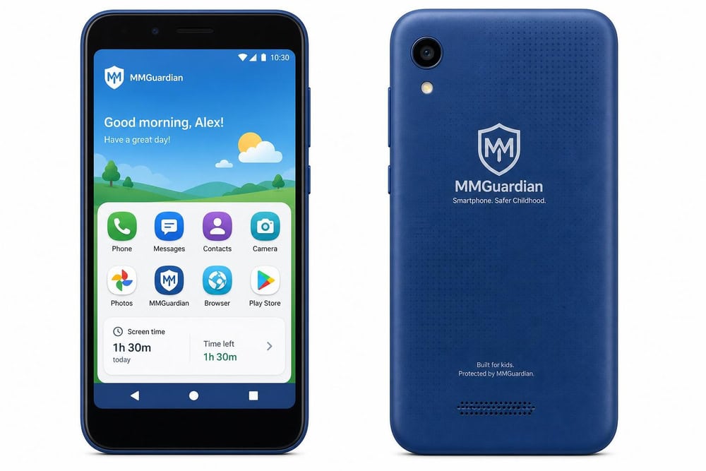 The MMGuardian Phone hardware shown front and back, a child-focused Android handset with the monitoring software built in at the system level.