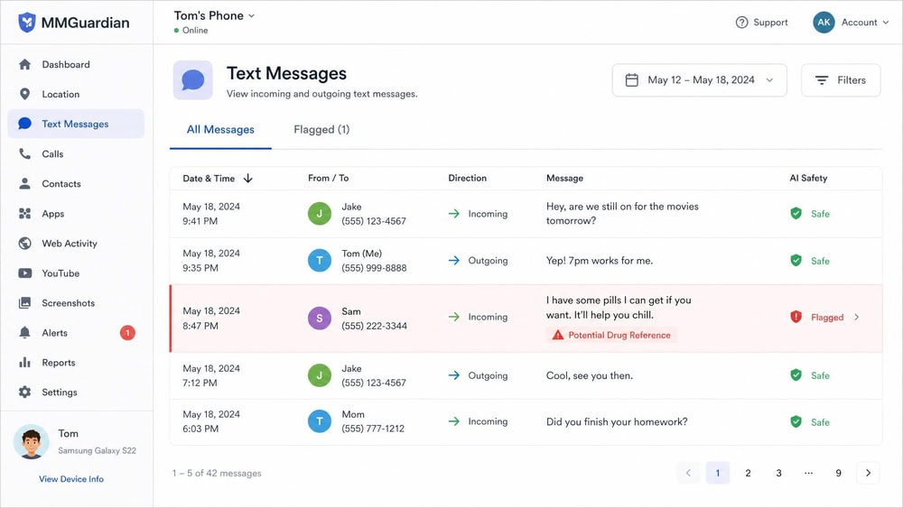 MMGuardian parent dashboard showing a child's incoming and outgoing text message log on Android with one message flagged by an AI safety alert.