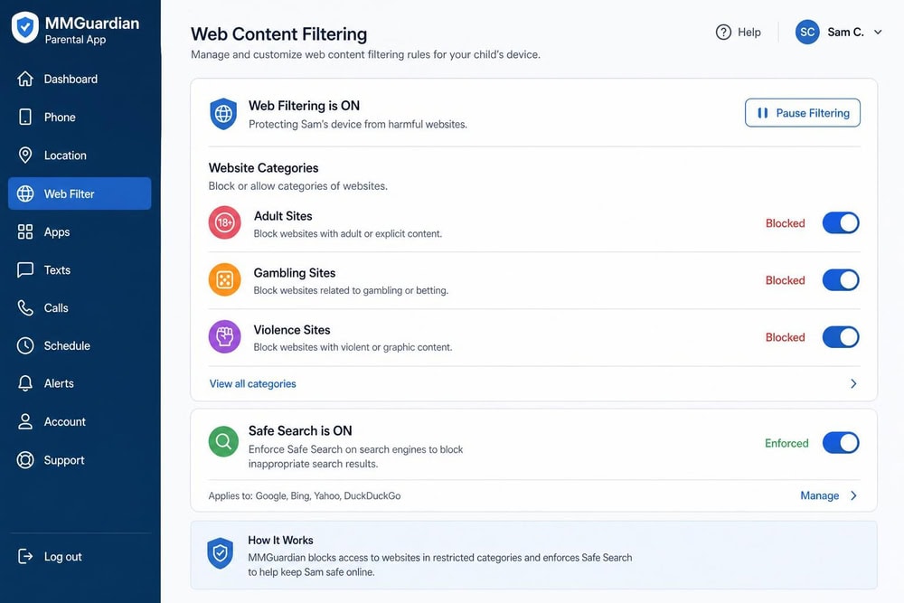 MMGuardian web content filtering settings on the parent app showing category toggles for adult, gambling, and violence sites with safe search enforced.