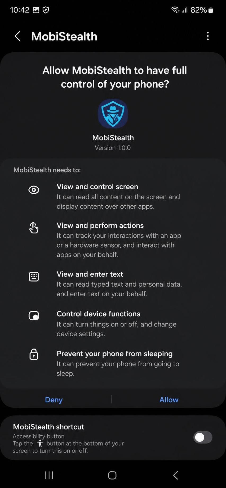 MobiStealth installation prompt on a Samsung Galaxy running Android 13, showing the permission screen that grants the monitoring app accessibility access.