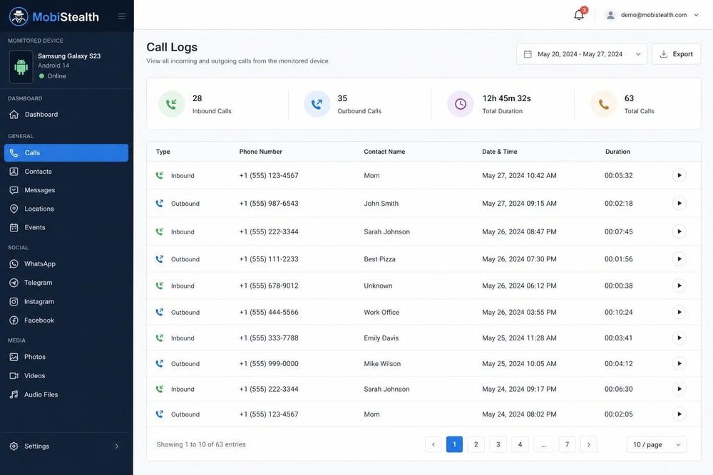 MobiStealth dashboard call-log view listing inbound and outbound calls with phone numbers, timestamps, and durations from a monitored Android phone.