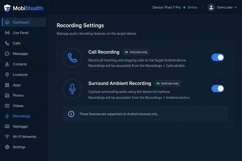 MobiStealth recording settings panel on the dashboard with toggles for call recording and surround ambient recording, both labeled as Android-only features.