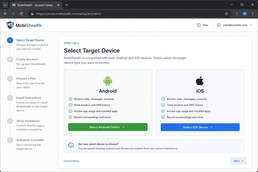 MobiStealth account setup page in a browser showing the step-by-step activation wizard with a target-device selection menu for Android and iOS.